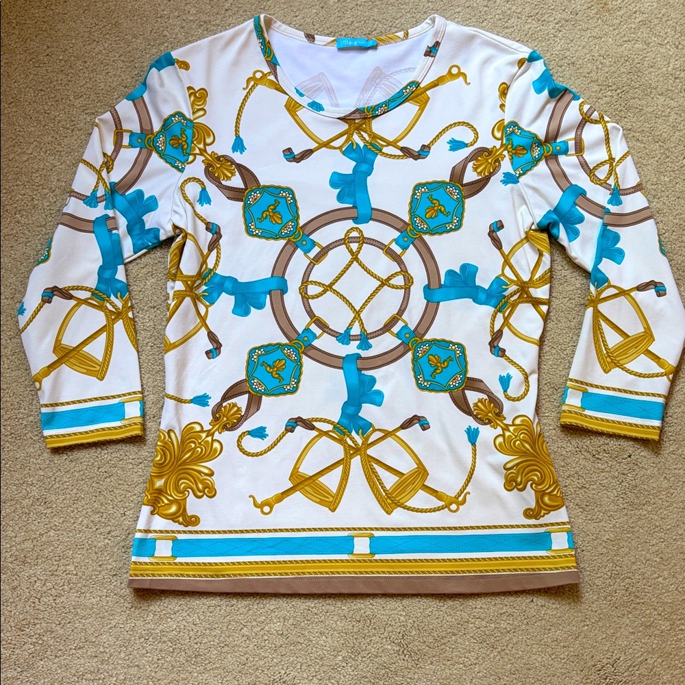 J. McLaughlin White, Turquoise and Gold Long Sleeve Top  size S